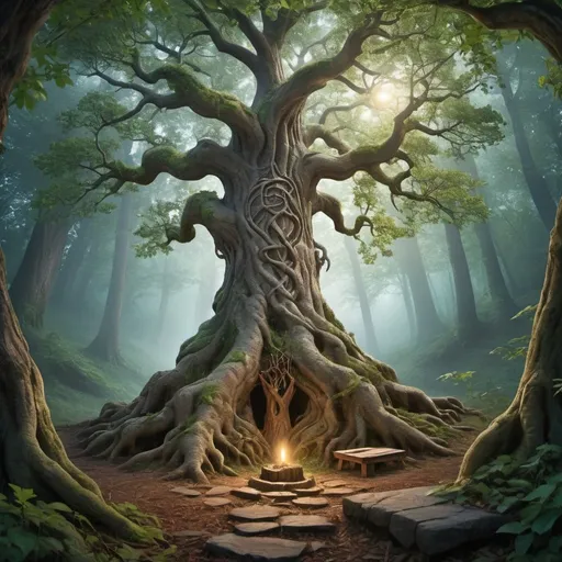 Prompt: Create a picture of a magical tree in a dense forest where it is difficult to see the sky and lose perspective of up and down. The magical tree should have some roots that partially stick up above ground like. The roots are also covered in leafy vines that climb up the tree. On one side there should be a flagstone path leading up to the base of the tree where a small pagan altar stands. A wizard stands at the base of the tree holding his staff out over the roots. In front of him, to the side of the tree stands a stone pagan alter. A beam of light shines down from the sky directly onto the altar. 