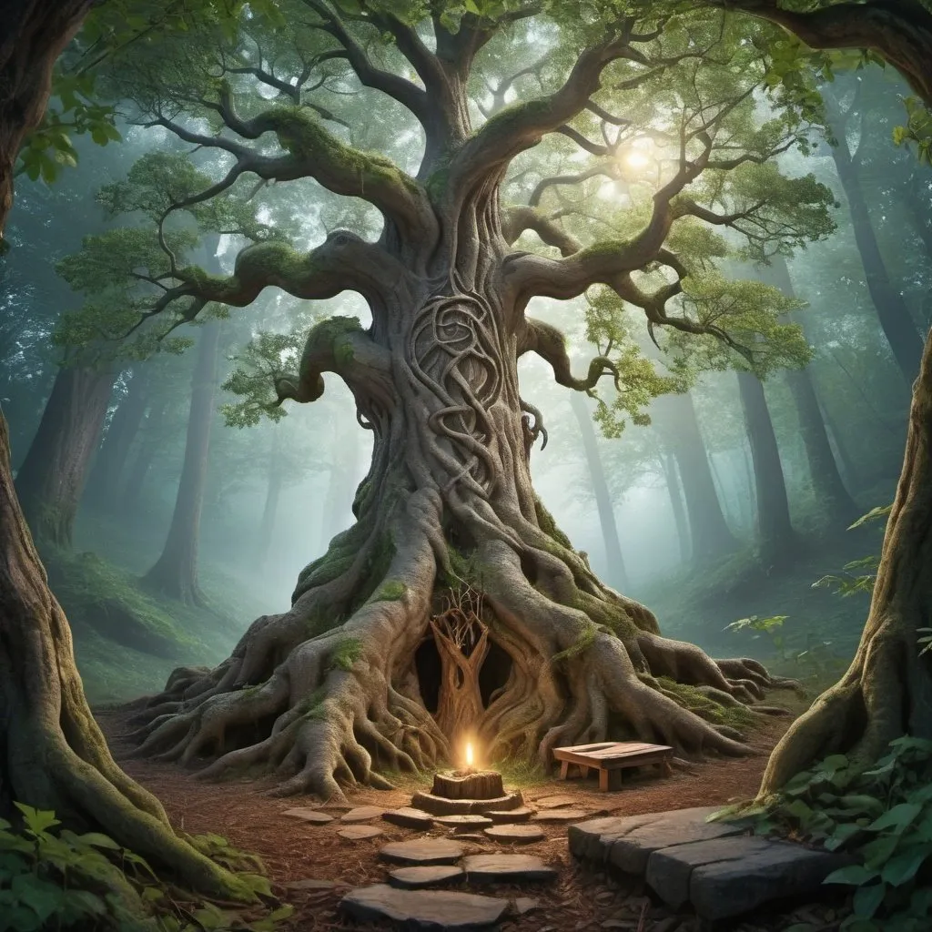 Prompt: Create a picture of a magical tree in a dense forest where it is difficult to see the sky and lose perspective of up and down. The magical tree should have some roots that partially stick up above ground like. The roots are also covered in leafy vines that climb up the tree. On one side there should be a flagstone path leading up to the base of the tree where a small pagan altar stands. A wizard stands at the base of the tree holding his staff out over the roots. In front of him, to the side of the tree stands a stone pagan alter. A beam of light shines down from the sky directly onto the altar. 