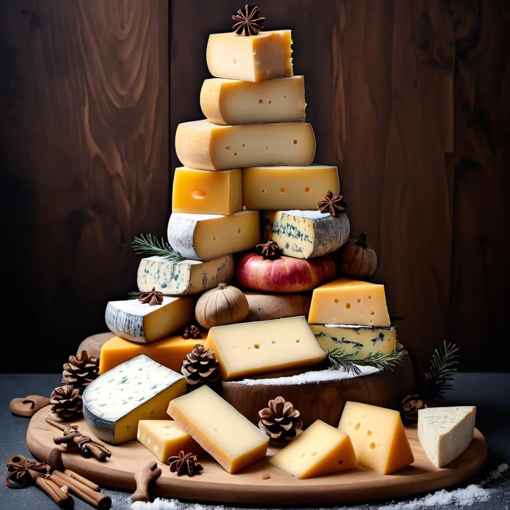 Prompt: A huge board stacked with cheese and winter decorations 