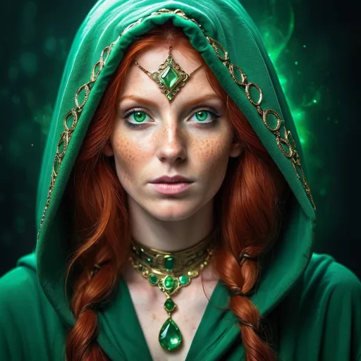 Prompt: Beautiful red haired specked mystic woman with emerald green eyes and a green hooded robe. With mystic jewelry