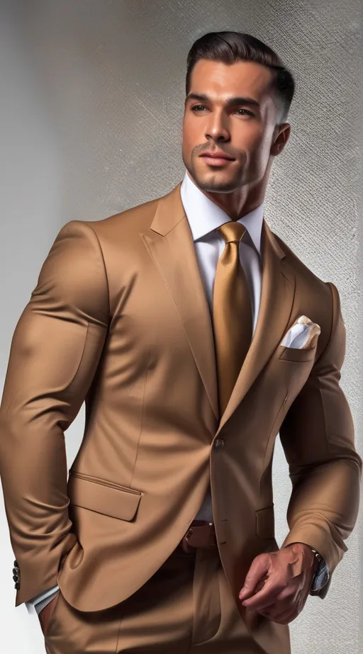 Prompt: Handsome bodybuilder in formal suit, detailed muscular physique, high definition, realistic painting, formal attire, detailed facial features, professional lighting, elegant and sophisticated, classic style, defined jawline, muscular arms, tailored suit, impressive physique, high quality, realistic, formal attire, elegant lighting