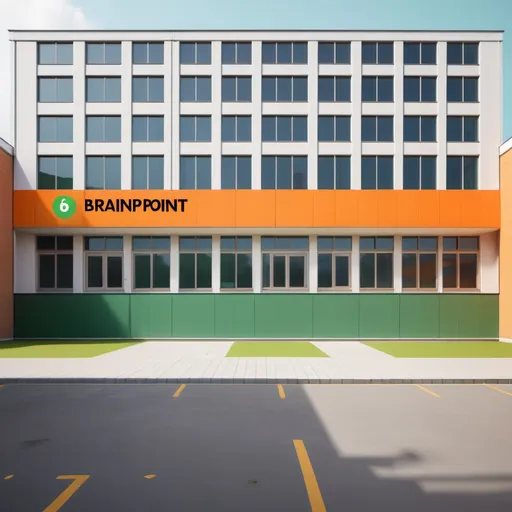 Prompt: A school building which is 10.9 wide and name (brainpoint) with orange and green