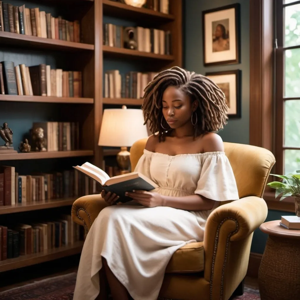 Prompt: Imagine a serene setting with a warm golden glow filtering through large windows, casting soft light on the room. In the center of this cozy space sits a beautiful melanin lady with sister locs, her skin radiant and glowing. She's dressed in elegant attire, in a flowing dress.

She's reading and seated in a plush armchair, surrounded by books of various sizes and colors. One book is open in her hands, and she's deeply engrossed in its contents, her expression a mix of concentration and contentment. Her hair, styled in shoulder length sister locs with a part on the side.

Behind her, shelves filled with more books line the walls, adding to the ambiance of intellectual curiosity and exploration. The room is filled with a sense of tranquility and beauty, perfectly complementing the grace and elegance of the melanin lady lost in the world of literature.