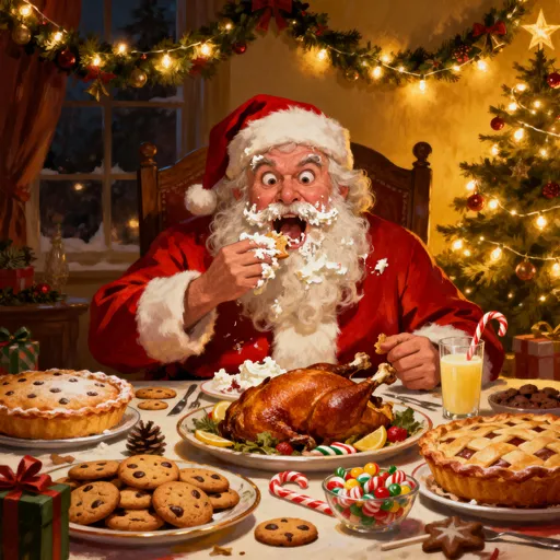 Prompt: A comedic yet slightly unsettling Christmas album-cover illustration. Santa Claus sits at a festive holiday table overflowing with food — cookies, pies, turkey, candy, and eggnog. He’s gorging himself with wild, manic energy, cheeks stuffed, frosting on his beard, eyes wide with crazed holiday delight. The lighting is warm and golden, but his over-the-top expression makes the scene both funny and a little worrying. Christmas decorations glow softly in the background — garland, a tree, and string lights — adding contrast to his chaotic behavior. The art style is richly detailed and painterly, like a storybook illustration gone slightly mad, with extra space at the top or bottom for a title, no text or logos. Square composition for album art.

