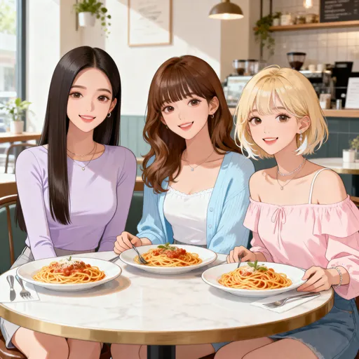 Prompt: A soft, stylish illustration of three K-pop–inspired young women sitting together around a café table, each with a plate of pasta in front of them. Each girl has a distinct look and personality, leaning sweet but not overly cutesy:
• Girl 1: long straight dark hair, sleek middle part, wearing a light lavender fitted top with minimal jewelry.
• Girl 2: soft brown hair in loose waves with curtain bangs, wearing a pastel blue cardigan over a white camisole.
• Girl 3: short blonde bob with wispy ends, wearing a pale pink off-shoulder top with delicate accessories.
All three are smiling warmly and naturally, enjoying their pasta. The setting is bright and airy with soft natural light, pastel colors, and subtle café décor. Style is clean, polished, and gently K-pop–influenced without resembling any real idols. No text.