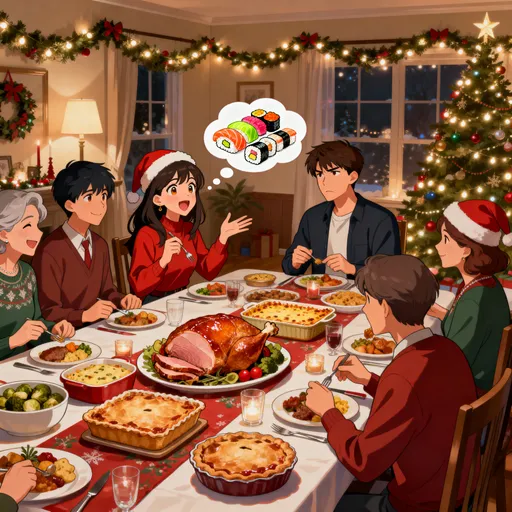 Prompt: A modern anime-style Christmas dinner scene in a cozy dining room. A cheerful woman sits at the large holiday table, excitedly talking about sushi, a faint thought bubble above her showing colorful sushi pieces. Her boyfriend sits beside her looking annoyed and trying to stay polite. Around them, six or seven family members enjoy the meal — smiling, eating, and chatting. The table is full of traditional Christmas foods: a glazed ham, turkey, casseroles, pies, and festive side dishes. The room glows with warm holiday lights, garland, and a Christmas tree in the background. Modern cinematic anime style with expressive faces, soft lighting, glossy colors, and warm atmosphere. Square composition for album-cover art.

