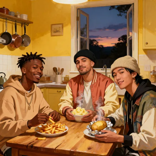 Prompt: *A warm, softly stylized illustration of three friendly hip-hop rappers sitting together at a cozy kitchen table, enjoying potato comfort foods. The lighting is soft and golden, like warm evening light in a lived-in home.

Each rapper has a distinct, gentle hip-hop style:
• Rapper 1: Black man with short twists, wearing a comfy hoodie with a subtle chain.
• Rapper 2: Latino man with a beanie and light stubble, wearing a relaxed bomber jacket.
• Rapper 3: Asian man with a loose knit cap and layered streetwear.

They each hold a different potato dish — one with fries, one with mashed potatoes, one with a baked potato wrapped in foil.

The mood is peaceful and comforting, their expressions relaxed and content.
The style is soft, painterly, and slightly animated — warm colors, soft edges, subtle stylization — but still grounded and real.
No text.*