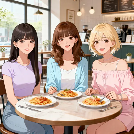 Prompt: A soft, stylish illustration of three K-pop–inspired young women sitting together around a café table, each with a plate of pasta in front of them. Each girl has a distinct look and personality, leaning sweet but not overly cutesy:
• Girl 1: long straight dark hair, sleek middle part, wearing a light lavender fitted top with minimal jewelry.
• Girl 2: soft brown hair in loose waves with curtain bangs, wearing a pastel blue cardigan over a white camisole.
• Girl 3: short blonde bob with wispy ends, wearing a pale pink off-shoulder top with delicate accessories.
All three are smiling warmly and naturally, enjoying their pasta. The setting is bright and airy with soft natural light, pastel colors, and subtle café décor. Style is clean, polished, and gently K-pop–influenced without resembling any real idols. No text.