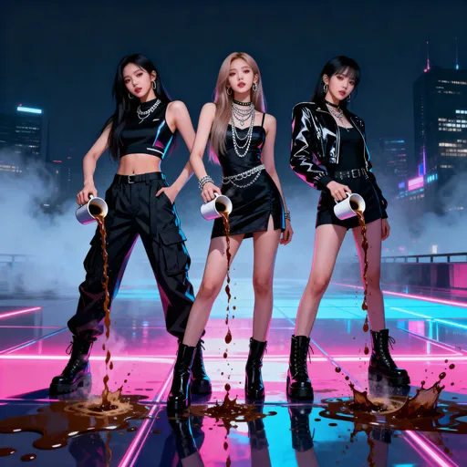 Prompt: A bold, stylish illustration of three trendy, confident women inspired by K-pop style. They stand side by side in powerful poses, each wearing a different bold outfit with street-pop flair — one in a sleek crop top and cargo pants, one in a mini dress with layered jewelry, and one in a fitted jacket and boots. All three are pouring out their cups of coffee onto the ground with dramatic attitude, liquid splashing mid-air. They stand on a glossy, neon-lit surface with a hazy city at night behind them. Style is vibrant and polished, like a modern pop album cover, with sharp lighting and dramatic energy. No text. No likeness to any real K-pop idols.