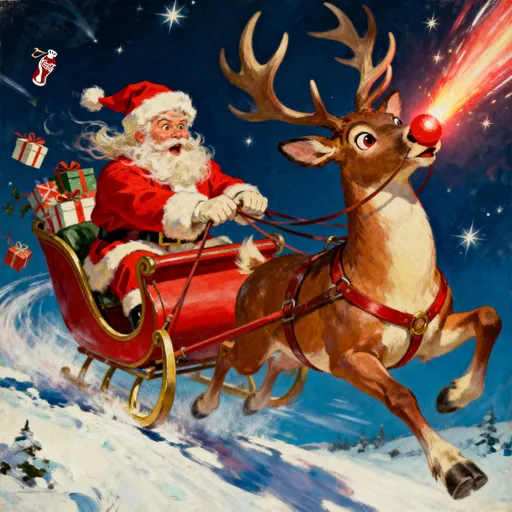 Prompt: A vintage 1950s-style illustration of Santa Claus clinging desperately to his sleigh as Rudolph pulls it at breakneck speed through the Christmas night sky. Rudolph’s glowing red nose blazes like a comet, his eyes wild with caffeine-fueled energy, while Santa’s hat and beard whip violently in the wind as he struggles to hold on to the reins. The sleigh tilts slightly upward, gifts flying out behind in a trail of motion blur and starlight. The art style should capture the look of mid-century Christmas album covers — painterly, expressive brushstrokes, warm reds, creams, and icy blues, with dramatic motion lines and soft vintage lighting. The tone is comedic and frantic but nostalgic, like an old Coca-Cola holiday poster with exaggerated action. Square composition, designed for album art.

