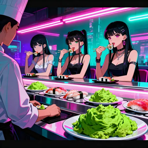 Prompt: A cyberpunk-anime-style scene viewed from the chef’s point of view at a sushi bar. Three cool, fashionable Asian girls — tall, thin, and stylish like K-pop or J-pop idols — sit across the counter eating sushi under glowing neon lights. The atmosphere is futuristic and artistic, filled with reflections of pink, teal, and purple. On the counter in front of them are several plates of sushi and large wads of bright green wasabi, adding vivid color contrast. Each girl has a distinct look and attitude — one calm and elegant, one playful, one confident — all illuminated by soft cyberpunk lighting and city neon reflections. The art style is cinematic anime: high contrast, glossy textures, glowing edges, and expressive faces. Straight-on composition from the chef’s POV, with space at the top or bottom for a title, no text or logos.