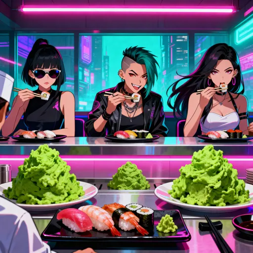 Prompt: A cinematic cyberpunk-anime scene viewed from the chef’s point of view at a sushi bar. Across the counter sit three badass, stylish Asian women — tall, thin, and radiating cool, idol-like confidence.
• The first wears sleek sunglasses, calm and composed.
• The second has a side shave haircut, smirking with rebellious energy.
• The third has long, flowing hair, effortlessly elegant but fierce.
They’re eating sushi under glowing neon lights, surrounded by plates of sushi and large wads of bright green wasabi that pop against the counter. The scene glows with cyberpunk color — pinks, teals, purples, and soft reflections of the futuristic city outside. The art style is detailed anime realism with bold lighting, glossy textures, and expressive attitude. Straight-on perspective from the chef’s point of view, with open space at the top or bottom for a title, no text or logos.
