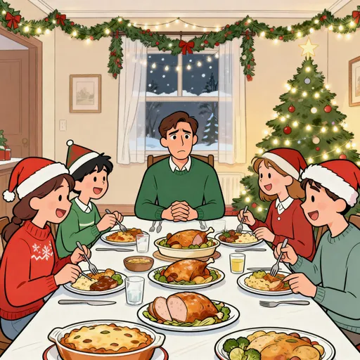 Prompt: An animated Christmas scene drawn in the style of a coloring book, with clean outlines and soft pastel shading. A man sits at a dining table watching as his cheerful family eagerly eats all the Christmas food in front of him. He looks worried and anxious, hands folded in front of him, while the rest of the family laughs and enjoys the meal. The table is covered with classic holiday dishes, and the room is warmly decorated with garland, a Christmas tree, and twinkling lights. The art style is simple, expressive, and heartwarming — like a festive coloring-book illustration brought to life. Square framing for album-cover art.