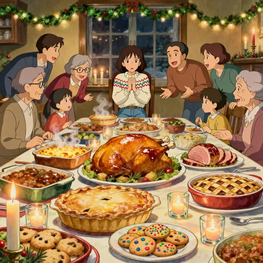 Prompt: A warm, detailed Christmas dinner scene in the style of Studio Ghibli animation. A long table overflows with beautifully drawn holiday foods — golden roasted turkey, glazed ham, casseroles, pies, cookies, and rich side dishes, each illustrated with mouthwatering detail. At the center sits a woman in casual winter clothes, looking overwhelmed as she stares at the feast, trying to resist eating. Around her, family members chat and smile in a cozy dining room decorated with garland, candles, and soft Christmas lights. The art style should match Studio Ghibli films — soft painterly colors, expressive faces, glowing highlights on food, and warm, emotional atmosphere. Square framing for album-cover art.
