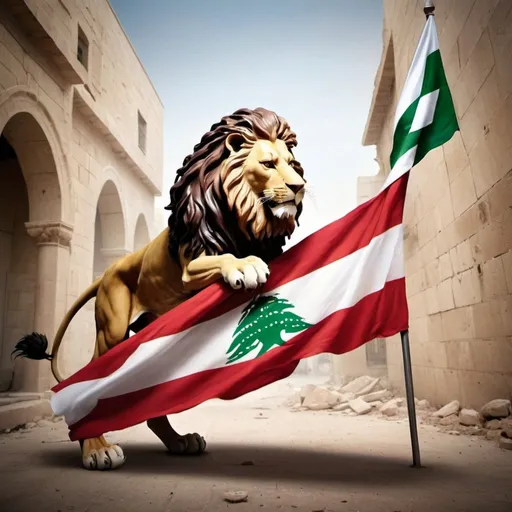 Prompt: Lebanese flag lion using its claws to rip israel flag 
