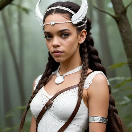 Prompt: Create Artemis goddess of the hunt, have her look like Hannah John-Kamen, have silver eyes, a sheer white lace mini dress, brown leather hunters harness with a silver mane for a collar knee high brown wedge boots, have a silver bow in her left hand, have a crescent moon diadem on her head and hair in a long braid