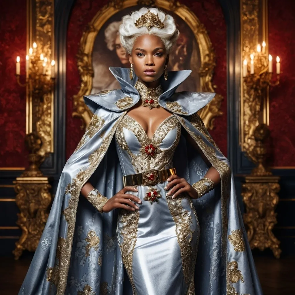 Prompt: <mymodel> Baroque-style portrait of Storm from X-Men in silver gown with stars all over it, with cape sleeves, gold belt, silver shoes, intricate lace details, regal hairstyle with ornate hair accessories, opulent baroque background, rich textures, high quality, baroque, regal, red and gold tones, intricate details, ornate, majestic, historical fashion, elegant lighting