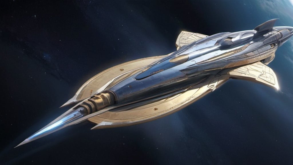 Prompt: The **Astra Imperium** is a sleek, highly advanced starship, reminiscent of the Lockheed SR-71 in shape but clad in gleaming silver. Its engines emit a mesmerizing blue and gold glow, propelling it effortlessly between galaxies. Powered by a miniature star at its core, the Astra Imperium is a marvel of engineering and aesthetics. Its design is a fusion of Baroque grandeur, Atlantean mystique, Egyptian elegance, and Roman futuristic elements, creating an unparalleled visual masterpiece in the cosmos. Ornate detailing and intricate patterns adorn its surface, embodying the pinnacle of interstellar luxury and technological sophistication.