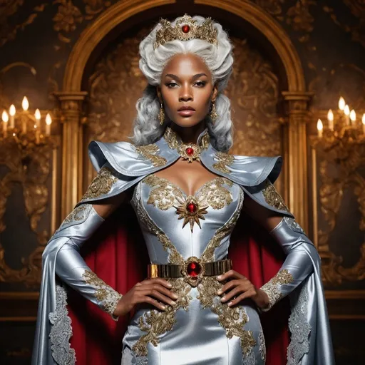 Prompt: <mymodel> Baroque-style portrait of Storm from X-Men in silver gown with stars all over it, with cape sleeves, gold belt, silver shoes, intricate lace details, regal hairstyle with ornate hair accessories, opulent baroque background, rich textures, high quality, baroque, regal, red and gold tones, intricate details, ornate, majestic, historical fashion, elegant lighting