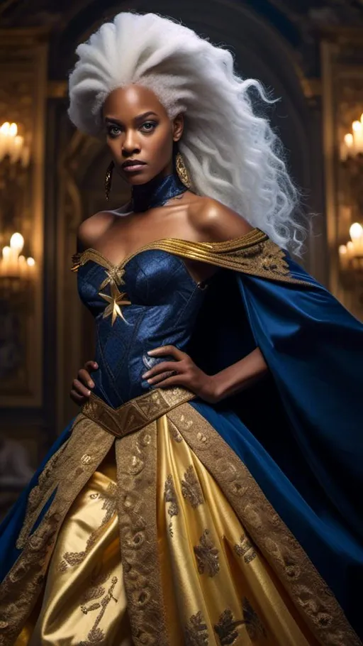 Prompt: <mymodel> Baroque-style portrait of Storm from X-Men in navy gown with stars all over it, with cape sleeves, gold belt, silver shoes, intricate lace details, regal hairstyle with ornate hair accessories, opulent baroque background, rich textures, high quality, baroque, regal, navy and gold tones, intricate details, ornate, majestic, historical fashion, elegant lighting