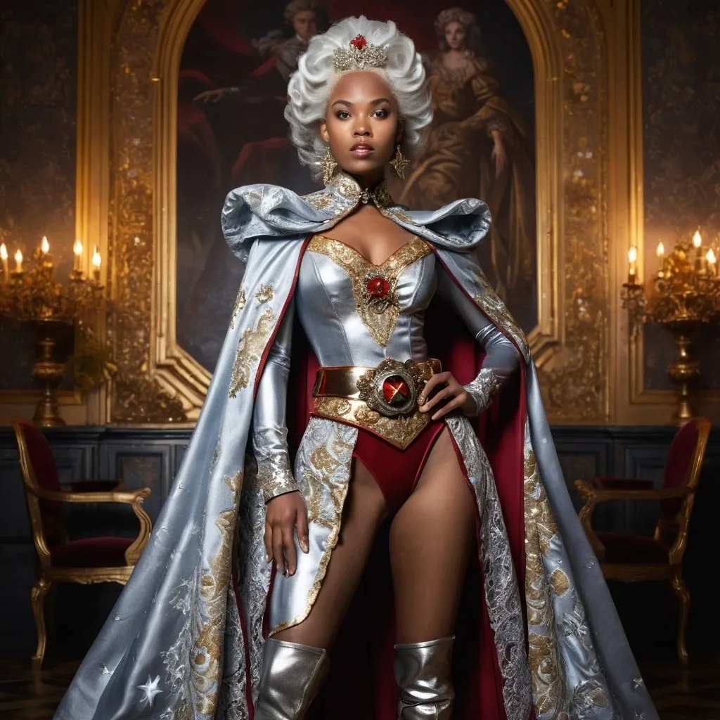 Prompt: <mymodel> Baroque-style portrait of Storm from X-Men in silver gown with stars all over it, with cape sleeves, gold belt, silver shoes, intricate lace details, regal hairstyle with ornate hair accessories, opulent baroque background, rich textures, high quality, baroque, regal, red and gold tones, intricate details, ornate, majestic, historical fashion, elegant lighting