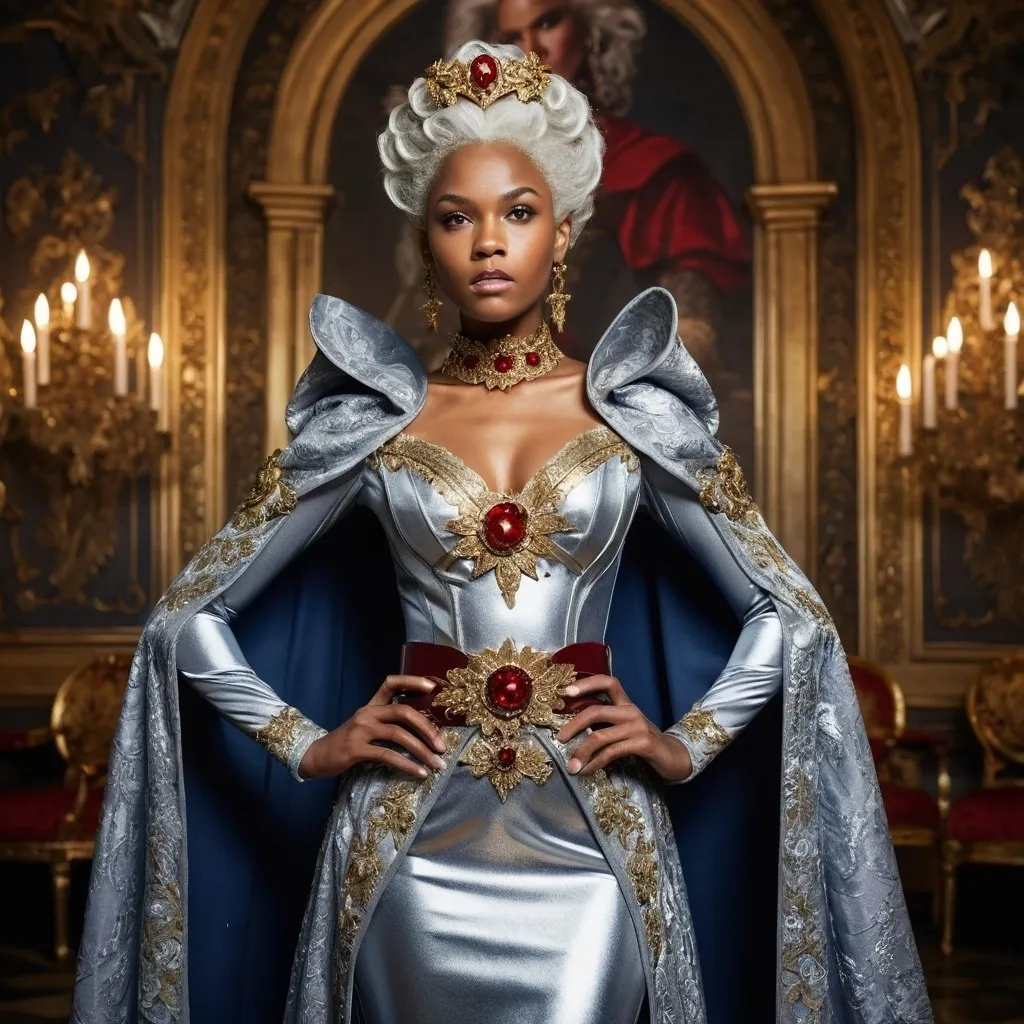 Prompt: <mymodel> Baroque-style portrait of Storm from X-Men in silver gown with stars all over it, with cape sleeves, gold belt, silver shoes, intricate lace details, regal hairstyle with ornate hair accessories, opulent baroque background, rich textures, high quality, baroque, regal, red and gold tones, intricate details, ornate, majestic, historical fashion, elegant lighting