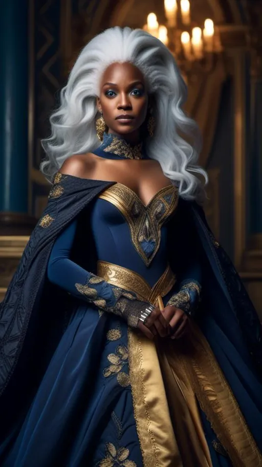 Prompt: <mymodel> Baroque-style portrait of Storm from X-Men in navy gown with stars all over it, with cape sleeves, gold belt, silver shoes, intricate lace details, regal hairstyle with ornate hair accessories, opulent baroque background, rich textures, high quality, baroque, regal, navy and gold tones, intricate details, ornate, majestic, historical fashion, elegant lighting