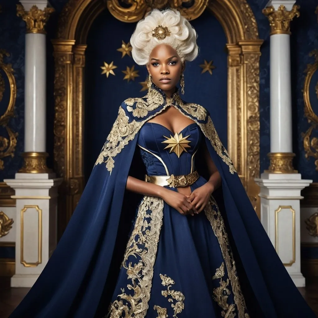 Prompt: <mymodel> Baroque-style portrait of Storm from X-Men in navy gown with stars all over it, with cape sleeves, gold belt, silver shoes, intricate lace details, regal hairstyle with ornate hair accessories, opulent baroque background, rich textures, high quality, baroque, regal, navy and gold tones, intricate details, ornate, majestic, historical fashion, elegant lighting