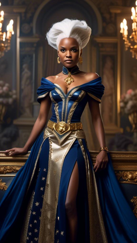 Prompt: <mymodel> Baroque-style portrait of Storm from X-Men in navy gown with stars all over it, with cape sleeves, gold belt, silver shoes, intricate lace details, regal hairstyle with ornate hair accessories, opulent baroque background, rich textures, high quality, baroque, regal, navy and gold tones, intricate details, ornate, majestic, historical fashion, elegant lighting