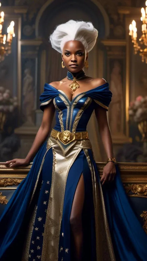 Prompt: <mymodel> Baroque-style portrait of Storm from X-Men in navy gown with stars all over it, with cape sleeves, gold belt, silver shoes, intricate lace details, regal hairstyle with ornate hair accessories, opulent baroque background, rich textures, high quality, baroque, regal, navy and gold tones, intricate details, ornate, majestic, historical fashion, elegant lighting