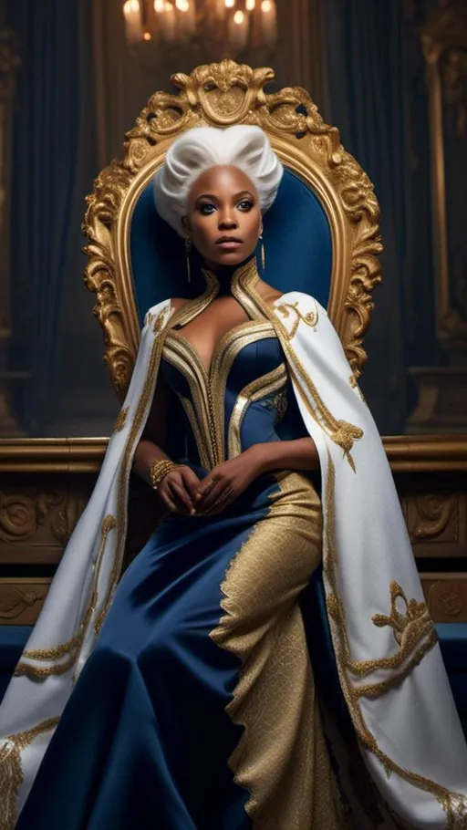 Prompt: <mymodel> Baroque-style portrait of Storm from X-Men in navy gown with cape sleeves, gold belt, silver shoes, intricate lace details, regal hairstyle with ornate hair accessories, opulent baroque background, rich textures, high quality, baroque, regal, navy and gold tones, intricate details, ornate, majestic, historical fashion, elegant lighting