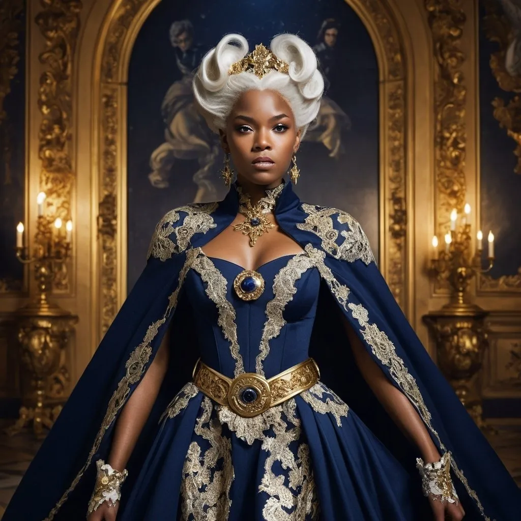 Prompt: <mymodel> Baroque-style portrait of Storm from X-Men in navy gown with stars all over it, with cape sleeves, gold belt, silver shoes, intricate lace details, regal hairstyle with ornate hair accessories, opulent baroque background, rich textures, high quality, baroque, regal, navy and gold tones, intricate details, ornate, majestic, historical fashion, elegant lighting