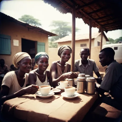 Prompt: Holga photography, coffee traders in africa, low-fidelity dreamy aesthetic, flare, low quality, analog photography