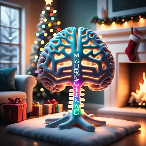 Prompt: A festive Merry Christmas scene with a subtle, artistic representation of a brain and spine in the background. The brain and spine should be illuminated with soft, glowing lights, creating an abstract, calming effect. In the foreground, there should be traditional Christmas elements like a decorated tree, colorful lights, and a cozy fireplace. Snow gently falls outside the window. The text 'Merry Christmas' is elegantly displayed in sparkling, festive font, blending naturally with the scene. The overall tone should be warm, inviting, and festive, with a harmonious blend of Christmas cheer and scientific elements