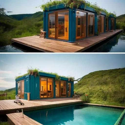 Prompt: Imagine an eco lodge made with two containers with a swiming pool 2.6 meters long and width 1,50 the eco lodge has also a green house