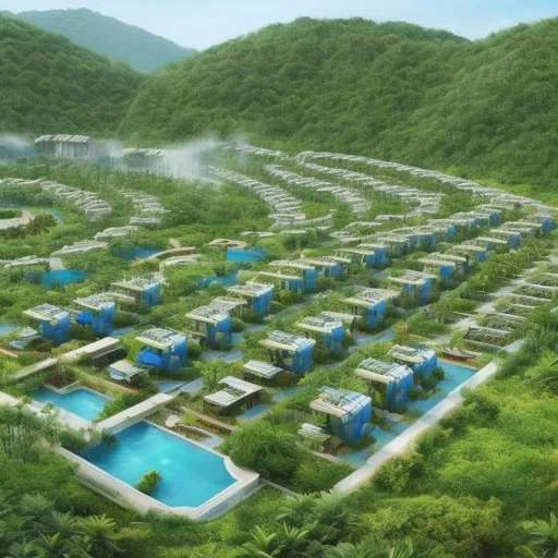 Prompt: A modern eco village village build up with containers also a lot of vegetation around with a large pool each room should be a 2 container build system