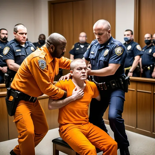 Prompt: orange colored dressed prisoner trying to kill police man inside courtroom Infront of all the people 