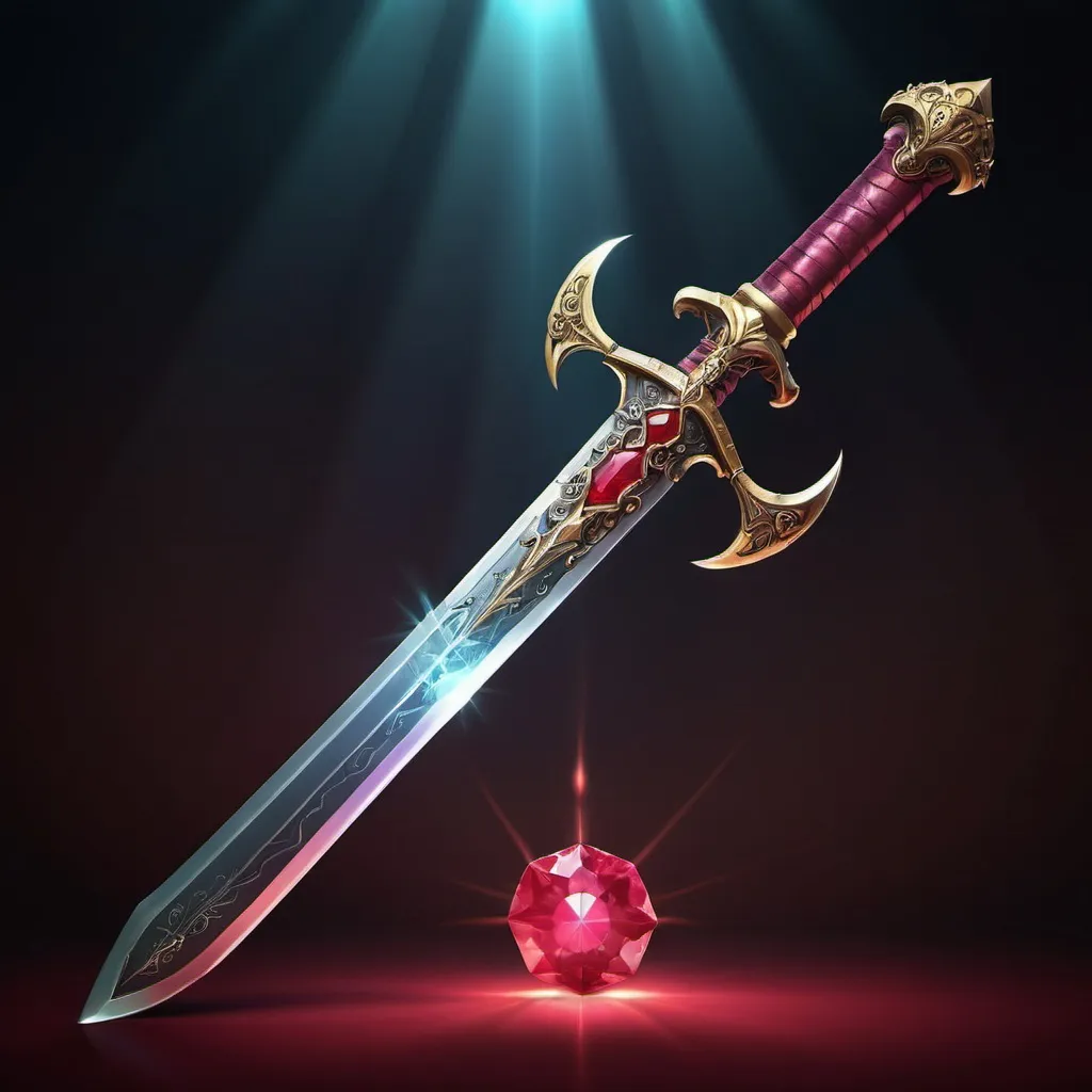 Prompt: illustration of a sword, pommel with ruby, magical aura, high quality, detailed, fantasy, pirate, magical, atmospheric lighting