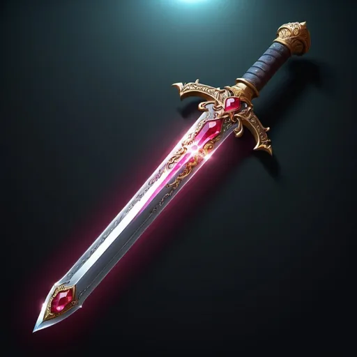 Prompt: illustration of a sword, pommel with ruby, magical aura, high quality, detailed, fantasy, pirate, magical, atmospheric lighting