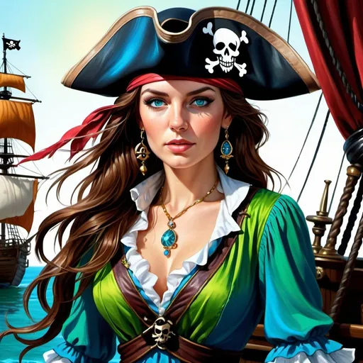 Prompt: Detailed illustration of a matronly woman, long brown hair, green eyes, bright blue dress, pirate theme, realistic portrait, high realism, detailed clothing, intricate jewelry, wearing a pirate hat, vibrant colors, professional, high quality, pirate, matronly, realistic, detailed hair, realistic eyes, vibrant blue dress, dramatic lighting