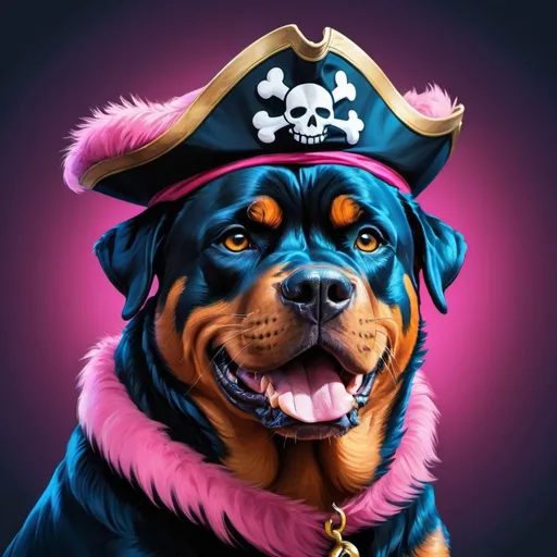 Prompt: Vibrant pirate-themed digital illustration of a majestic Rottweiler, pink fur with blue ears, pirate mascot, high quality, digital art, vibrant colors, pirate theme, detailed fur, intense gaze, dynamic pose, whimsical lighting