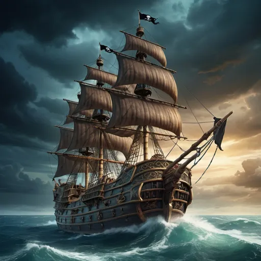Prompt: Fantasy-style illustration of 'The Leader' pirate ship at sea, detailed ship design, dramatic, epic fantasy setting, high quality, fantasy, detailed ship, dramatic skies, epic adventure