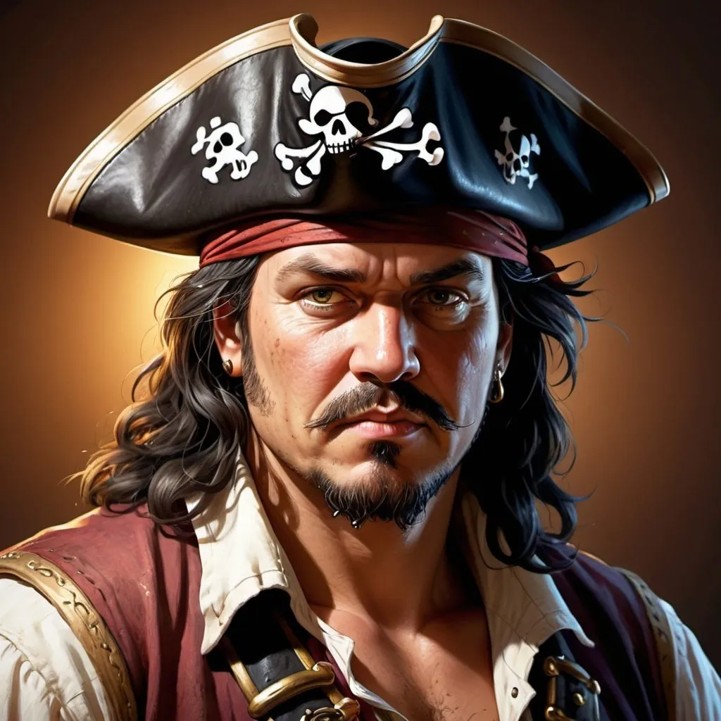 Prompt: Detailed illustration of a fatherly man, portly, medium length black hair, hazel eyes, pirate shirt, pirate hat, pirate theme, high quality, detailed, realistic, pirate style, warm tones, atmospheric lighting