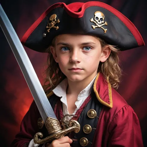 Prompt: Fantasy portrait of an 11-year-old pirate captain, crimson coat, holding a sword with a ruby pommel, adventurous gaze, detailed facial features, high quality, fantasy style, vibrant colors, dramatic lighting, pirate, captain, young, detailed clothing, intense expression, adventurous spirit, sword with ruby, rich colors