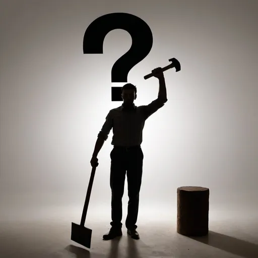 Prompt: A Shadow with a question mark over his head standing behind a man who has a raised hammer in his right hand. 