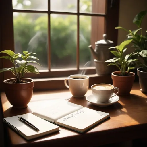 Prompt: 

"A quiet morning scene with soft sunlight streaming through a window, illuminating a wooden table. On the table, a steaming cup of coffee sits beside an open notebook with a neatly written list of daily goals. A fountain pen lies nearby, poised for action. In the background, a potted plant adds a touch of greenery, symbolizing growth. The image highlights the tranquility and focus required to cultivate habits that lead to personal and professional development."