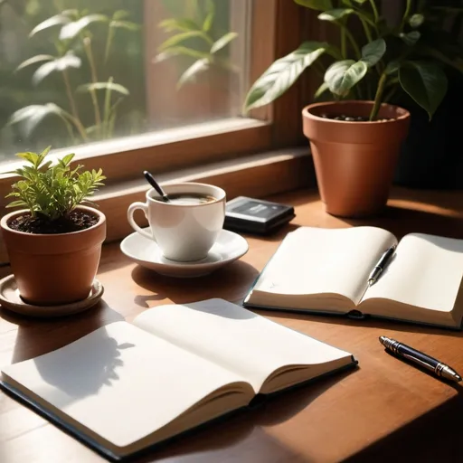 Prompt: 

"A quiet morning scene with soft sunlight streaming through a window, illuminating a wooden table. On the table, a steaming cup of coffee sits beside an open notebook with a neatly written list of daily goals. A fountain pen lies nearby, poised for action. In the background, a potted plant adds a touch of greenery, symbolizing growth. The image highlights the tranquility and focus required to cultivate habits that lead to personal and professional development."