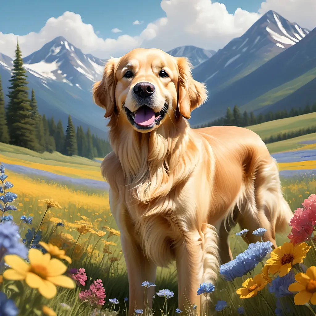 Prompt: Generate a digital illustration of a Golden Retriever standing confidently in a field of wildflowers, looking forward with a protective stance. The background features a majestic mountain range under a clear blue sky with a few clouds. The flowers in the field are colorful but muted to emphasize the dog as the central figure. Render the dog's fur with finely detailed, smooth, and well-defined strands, using warm highlights and  realistic texture with a slight 3D effect.