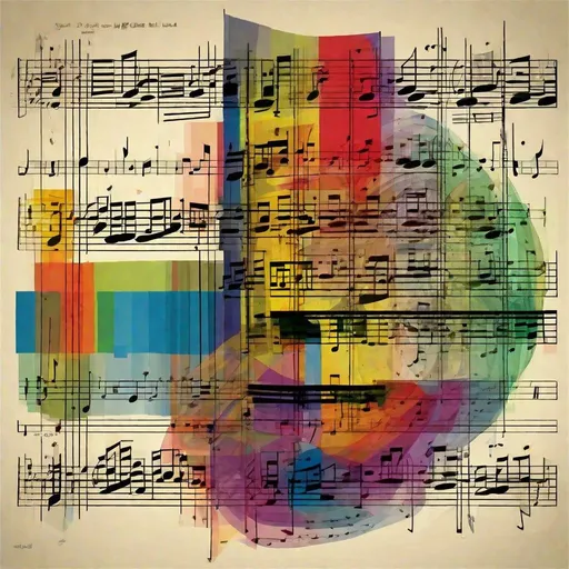 Prompt:  drum,  sheet music, graphic notation, experimental music notation, musical score, ornate layers of rhythm, composed by ", "John Cage", Xenakis. colored. geometric shapes, abstract, complex