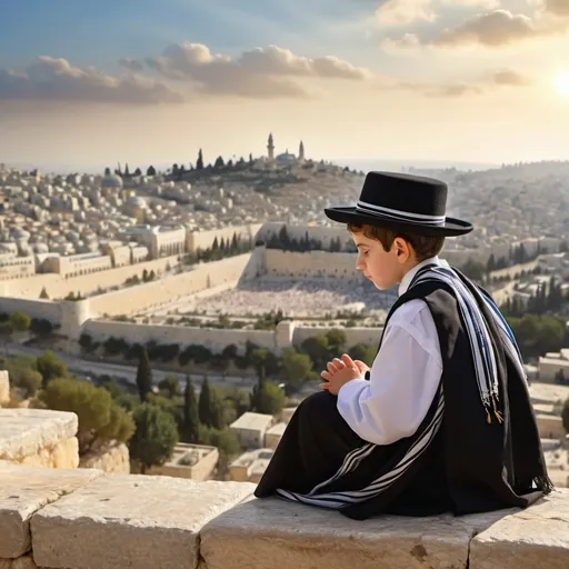 Prompt: An ultra-orthodox Jewish boy with a prayer tallit and a tassel and on his head sits on a mountain overlooking Jerusalem and imagines in his mind with great anticipation and his eyes look to the sky with anticipation